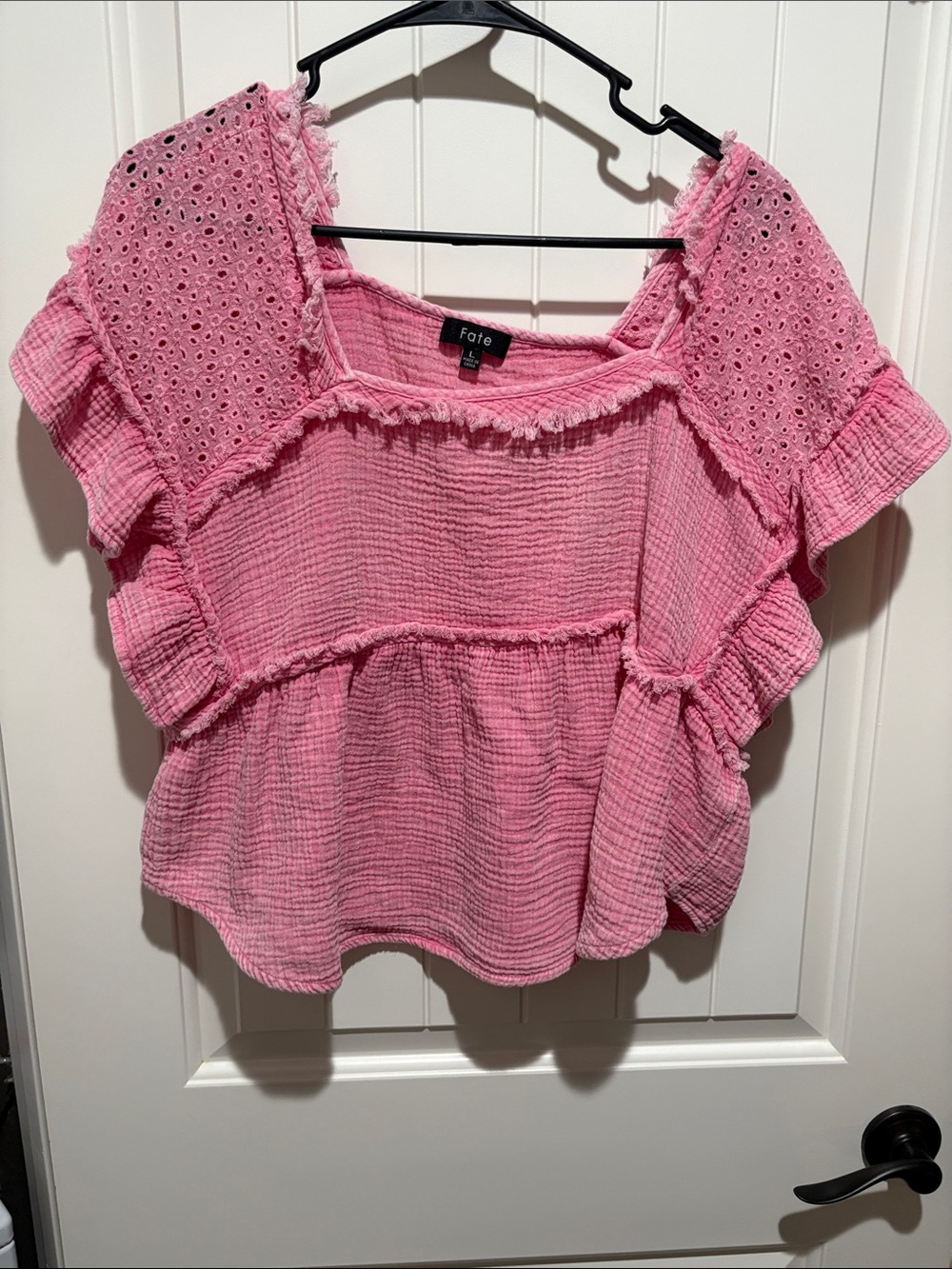 Fate Pink Eyelet Gauze Ruffle Sleeve Top